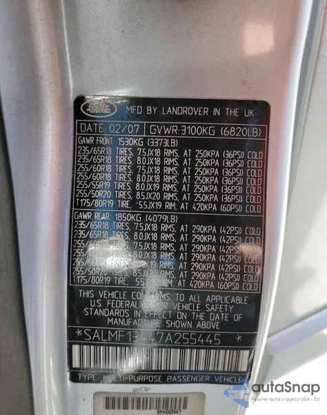 2007 Land Rover Range Rover Supercharged from USA, damaged, VIN SALMF13447A255445